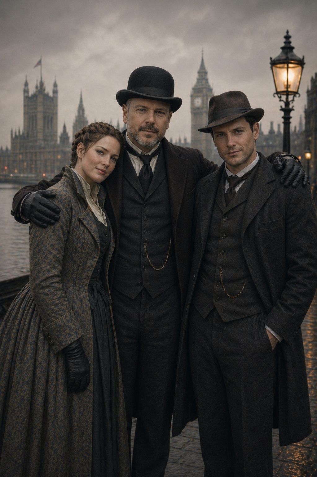 Three people dressed in Victorian-era clothing standing together outdoors, with Big Ben and the Houses of Parliament visible in the background, during overcast weather.