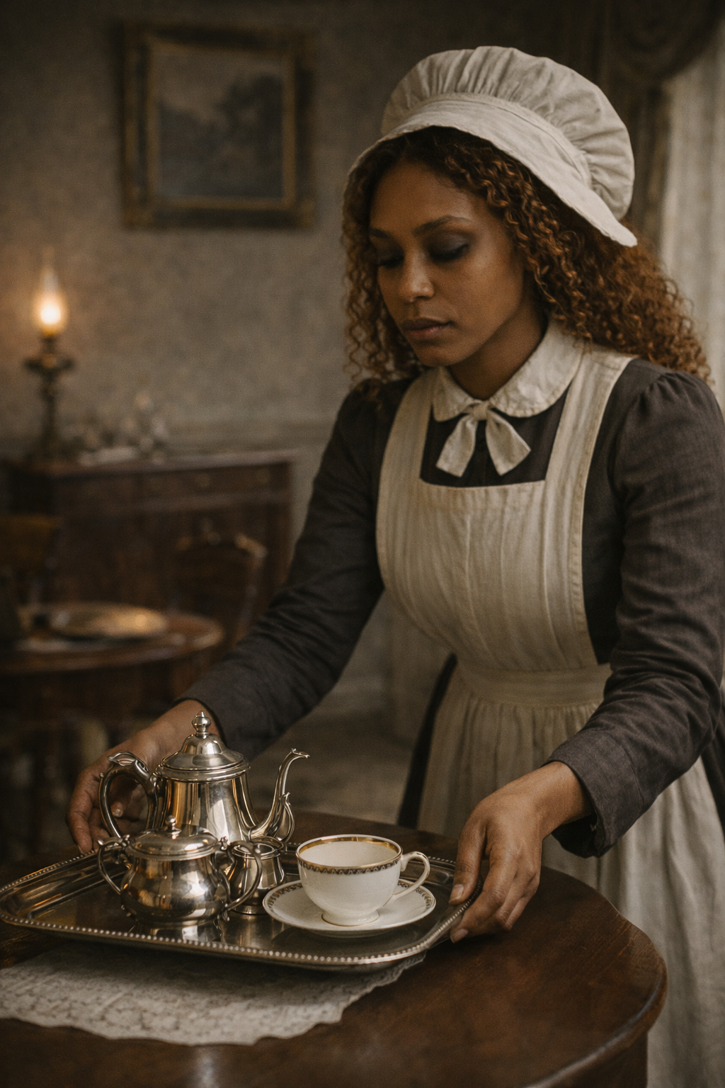 A young woman dressed as a maid, wearing a beige bonnet and apron, is setting a silver tray with a teapot, sugar bowl, and a teacup on a wooden table in a vintage-style room.