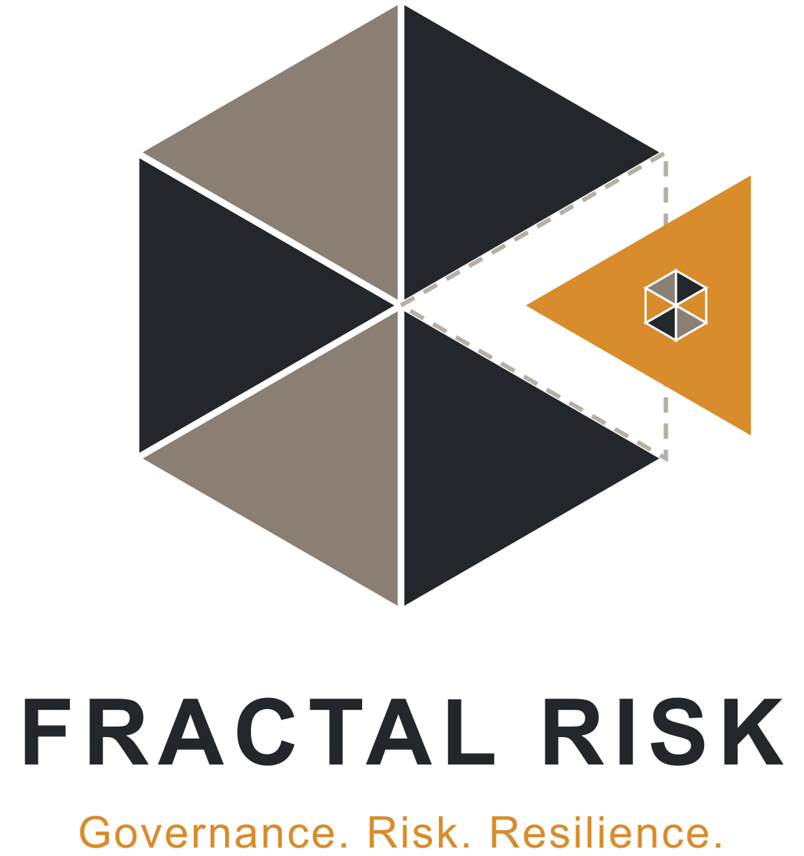 A logo with a 3D geometric cube made of black, gray, white, and orange triangles, with the words 'FRACTAL RISK' underneath and the phrase 'Governance. Risk. Resilience.' below that.