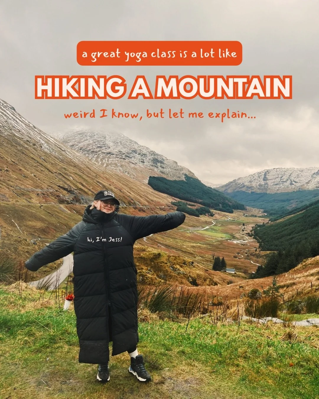 A great yoga class is a lot like hiking a mountain 🏔️ (weird analogy I know, but stick with me 😂) 

base camp &rarr; arrive, land in the body
trail &rarr; warm up, start the climb 
ascent &rarr; build energy, curiosity, challenge
summit &rarr; the 