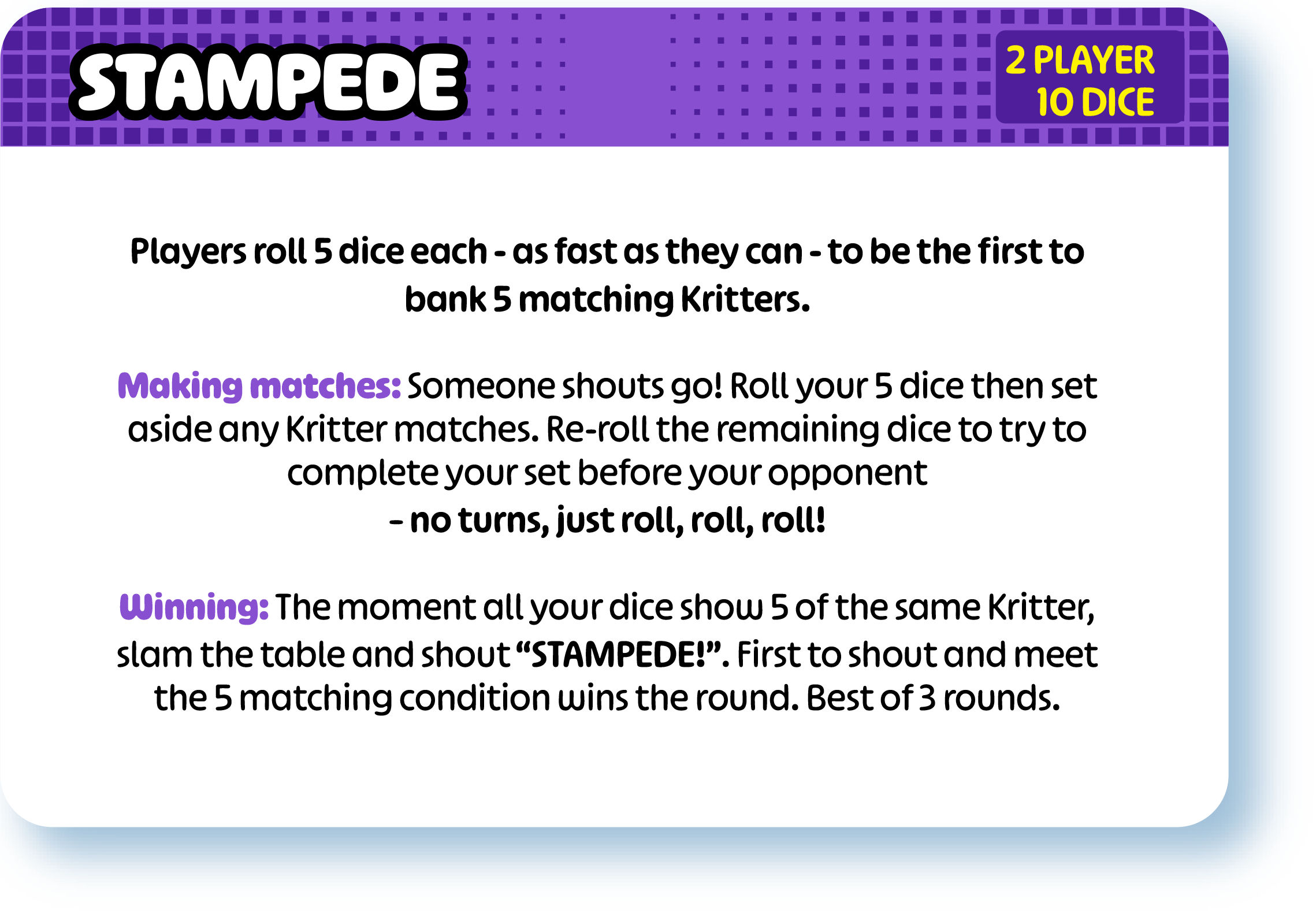 Rules and instructions for the game 'Stampede,' including how to play, making matches, and winning, with a purple and blue themed design.
