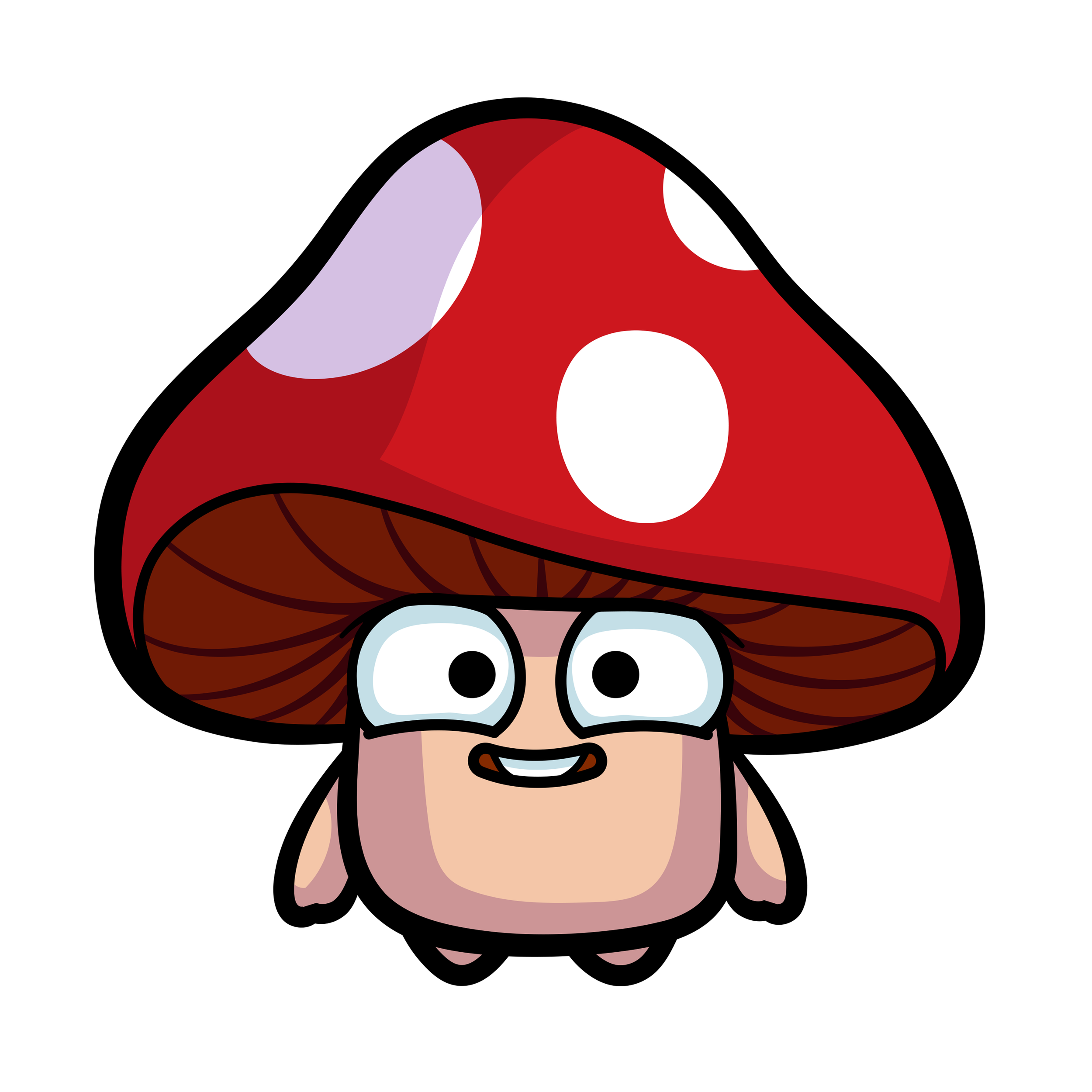 A cartoon illustration of a cute red mushroom character with white spots.