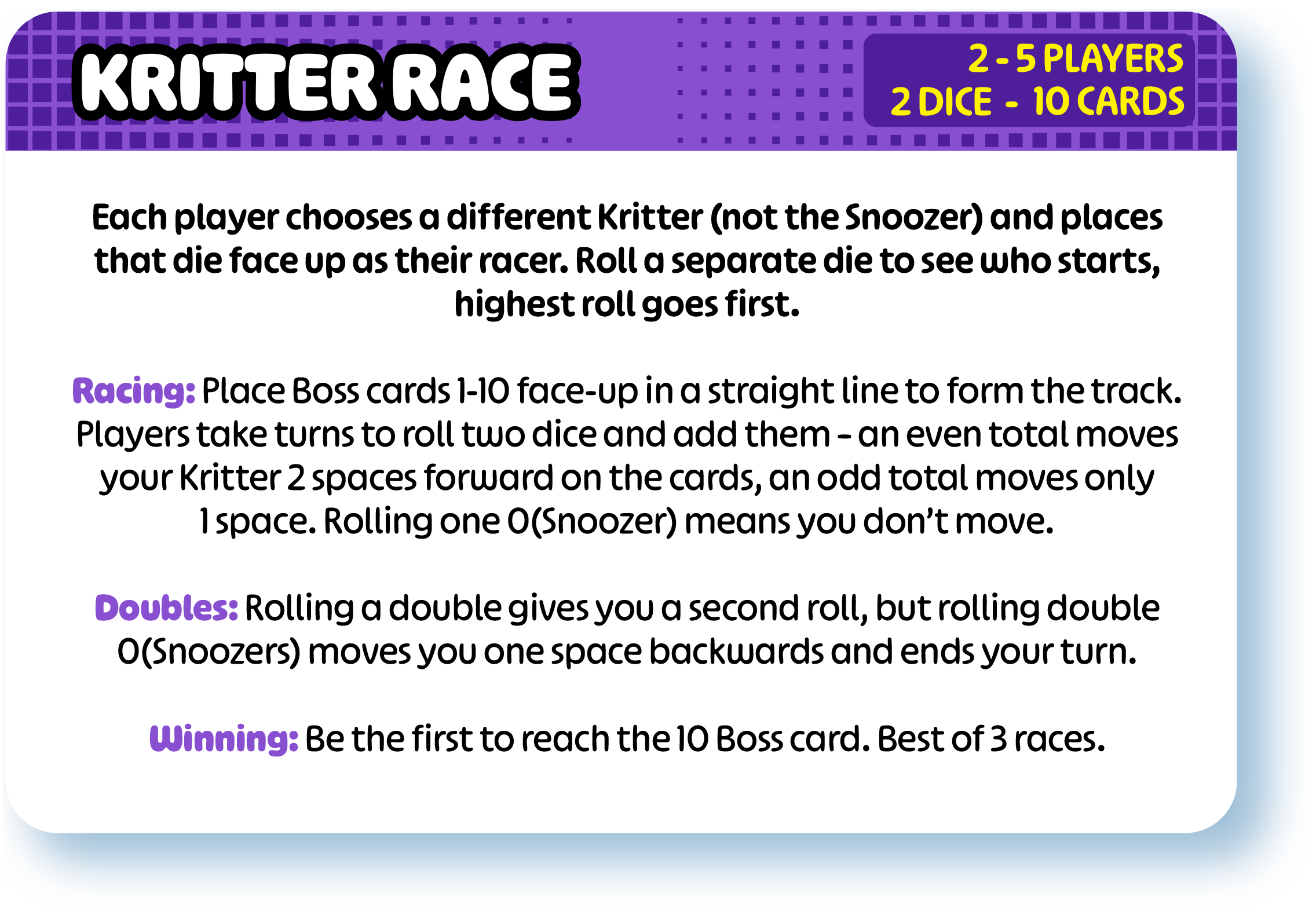Instructions for a children's board game called Kritter Race, including setup, gameplay, and winning conditions, with a purple and blue color scheme.