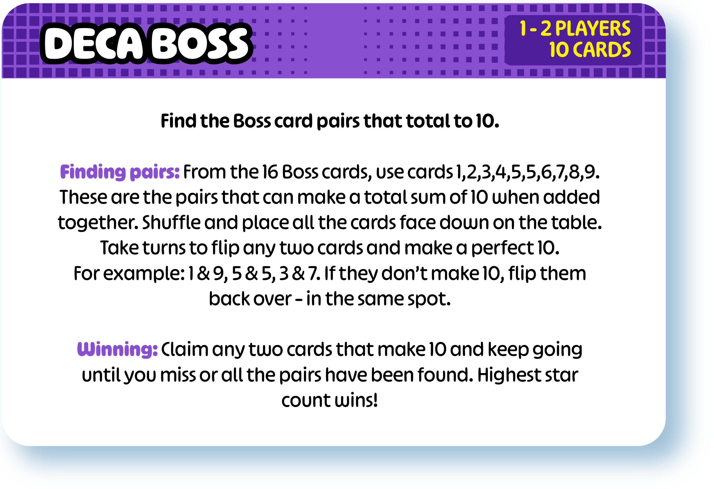 Game instructions for a card game called 'Deca Boss' with a purple and blue themed background, title, and details for 1-2 players, 10 cards. The instructions explain finding pairs that total ten from a set of 16 boss cards, and how to play to win.