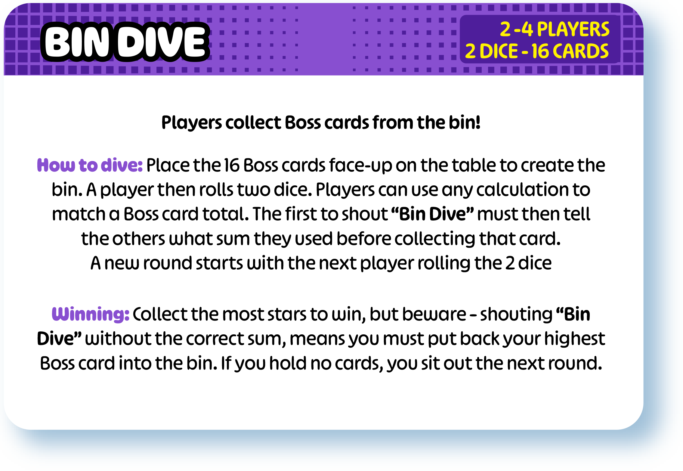 Rules and instructions for a game called 'Bin Dive', including details about players, dice, cards, and how to win.