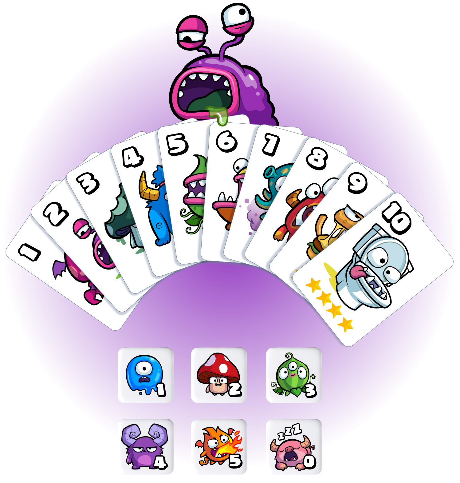 A cartoon monster with purple body, two eyes on stalks, and a wide open mouth with green drool, holding a set of playing cards with various colorful monster characters and numbers, set against a purple background.