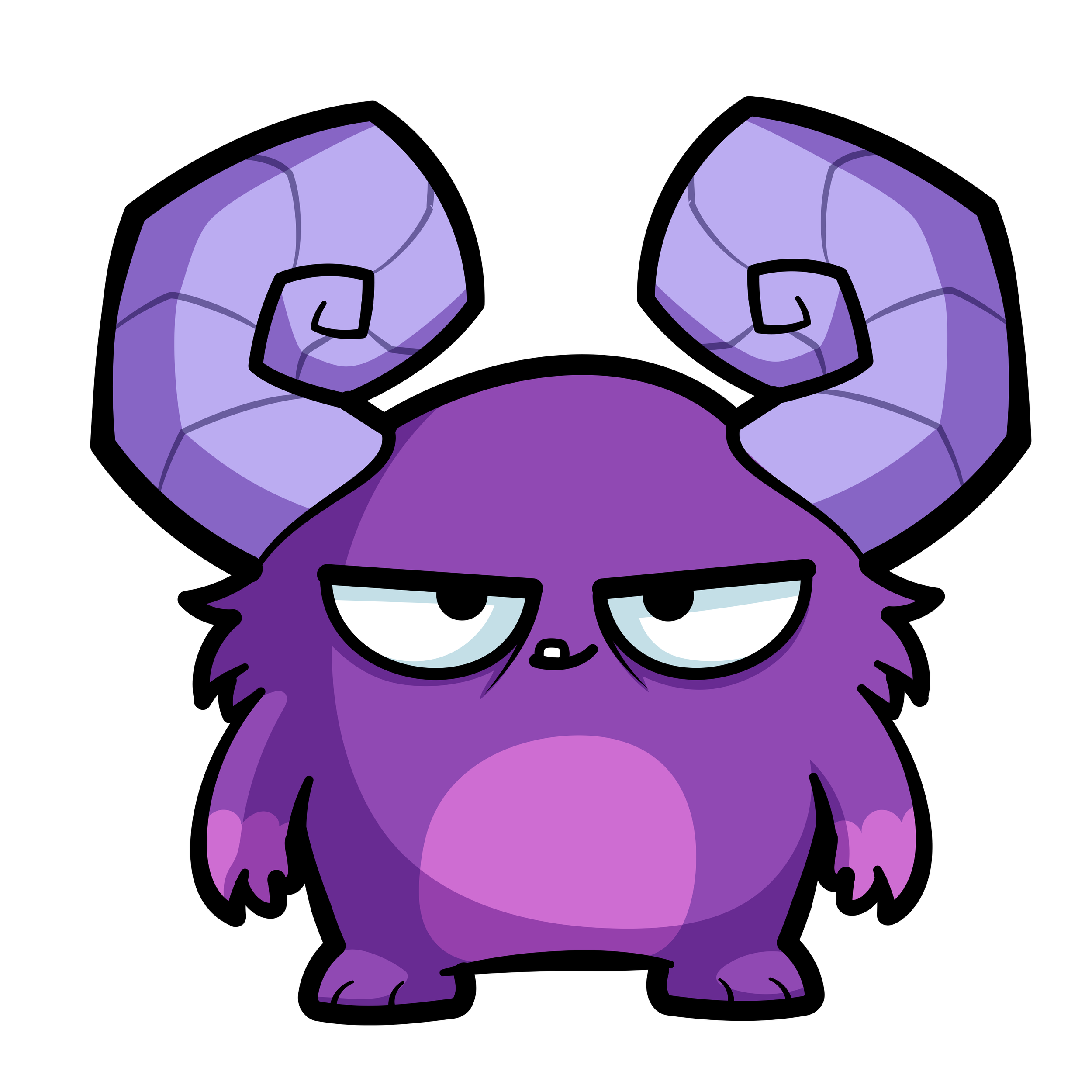 A cartoon purple character with a mischievous expression, looking downward with half-closed eyes and a slight smirk.