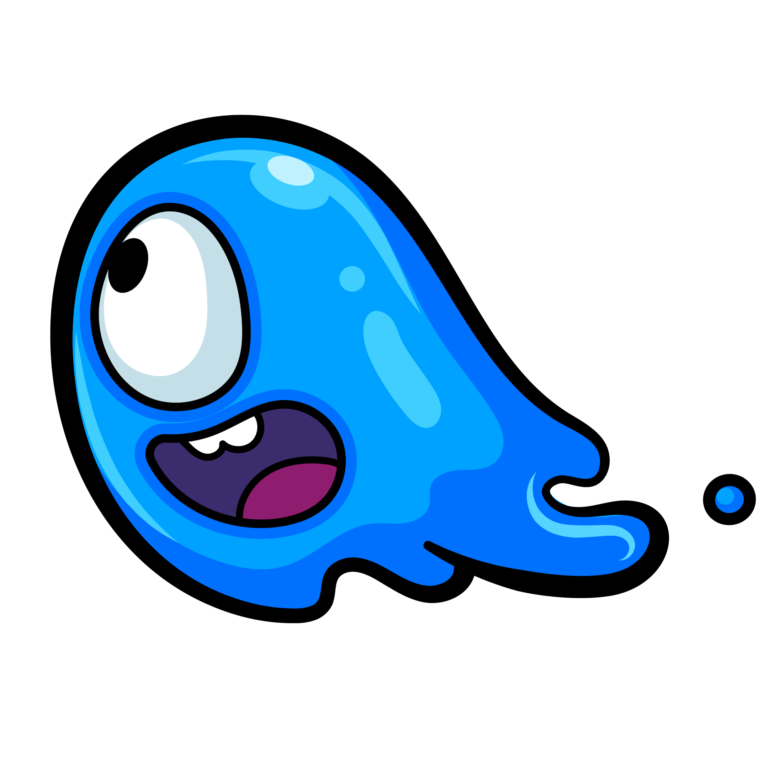 A cartoon blue slime blob with a large eye and open mouth against a white background.