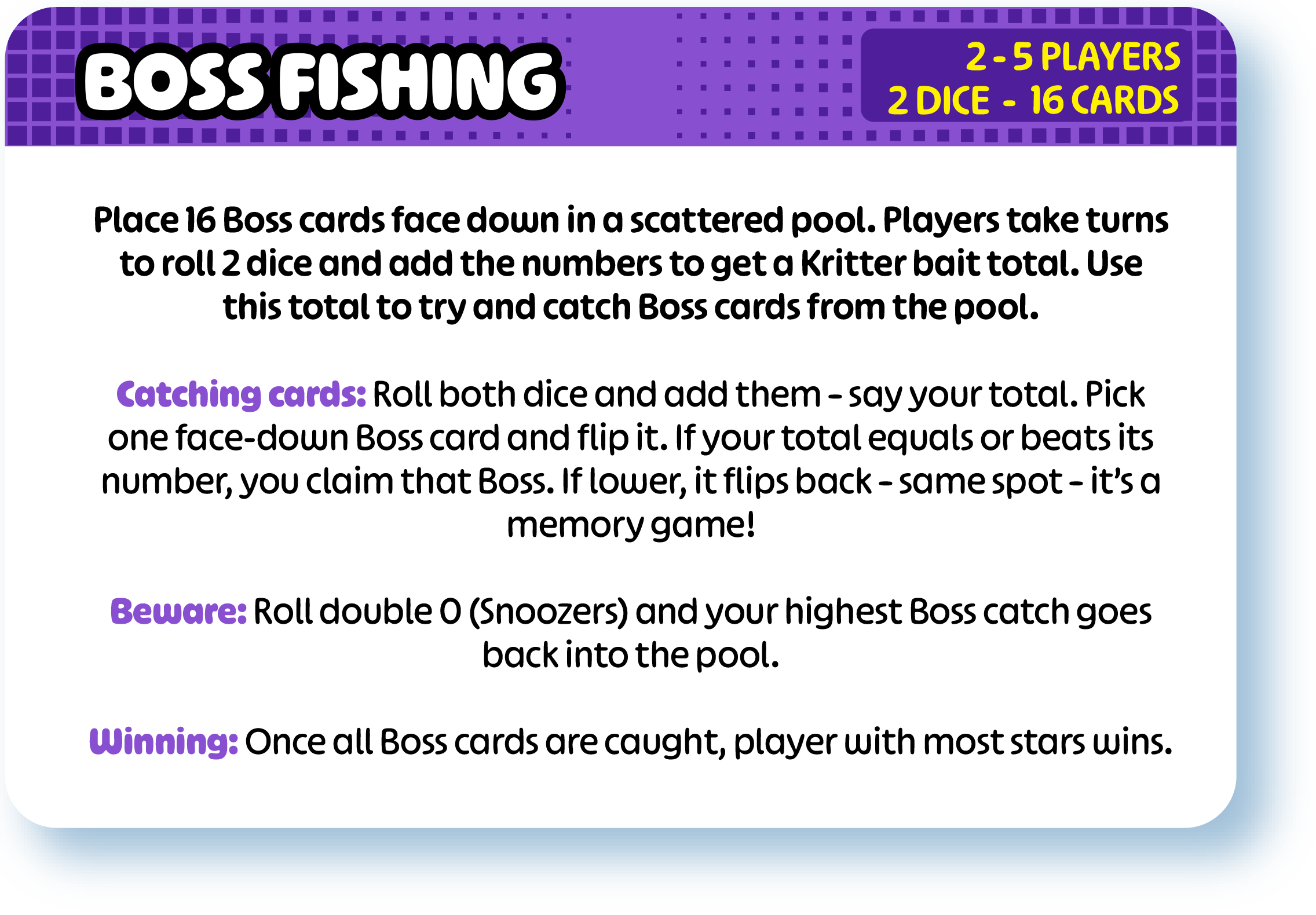Instructions for Boss Fishing game on a purple background; players place 16 boss cards face down, roll two dice, and add numbers to catch boss cards, with rules for catching, winning, and avoiding double zero.