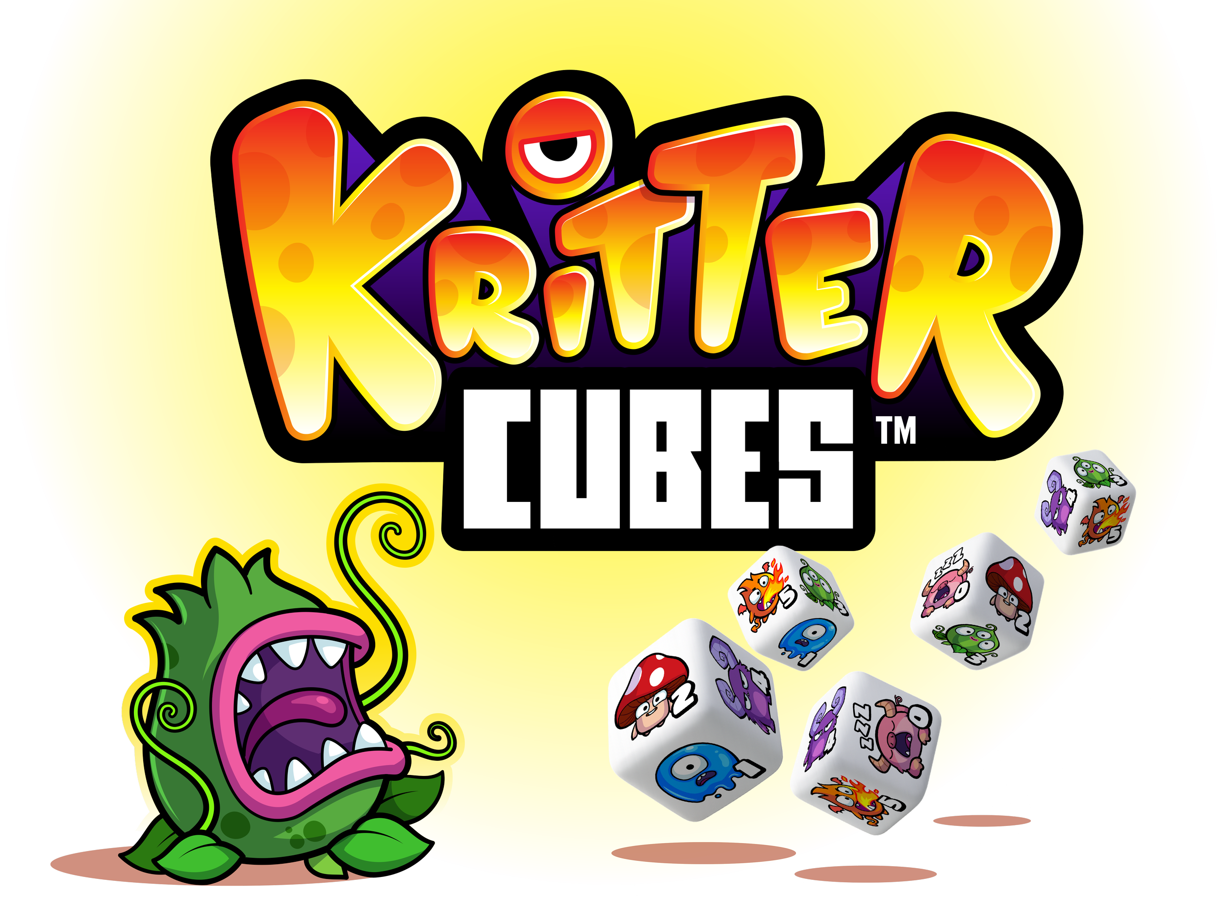 The image features the logo for the game "KritterCubes" with a bright yellow background. There are rolling dice with cool numbered characters.