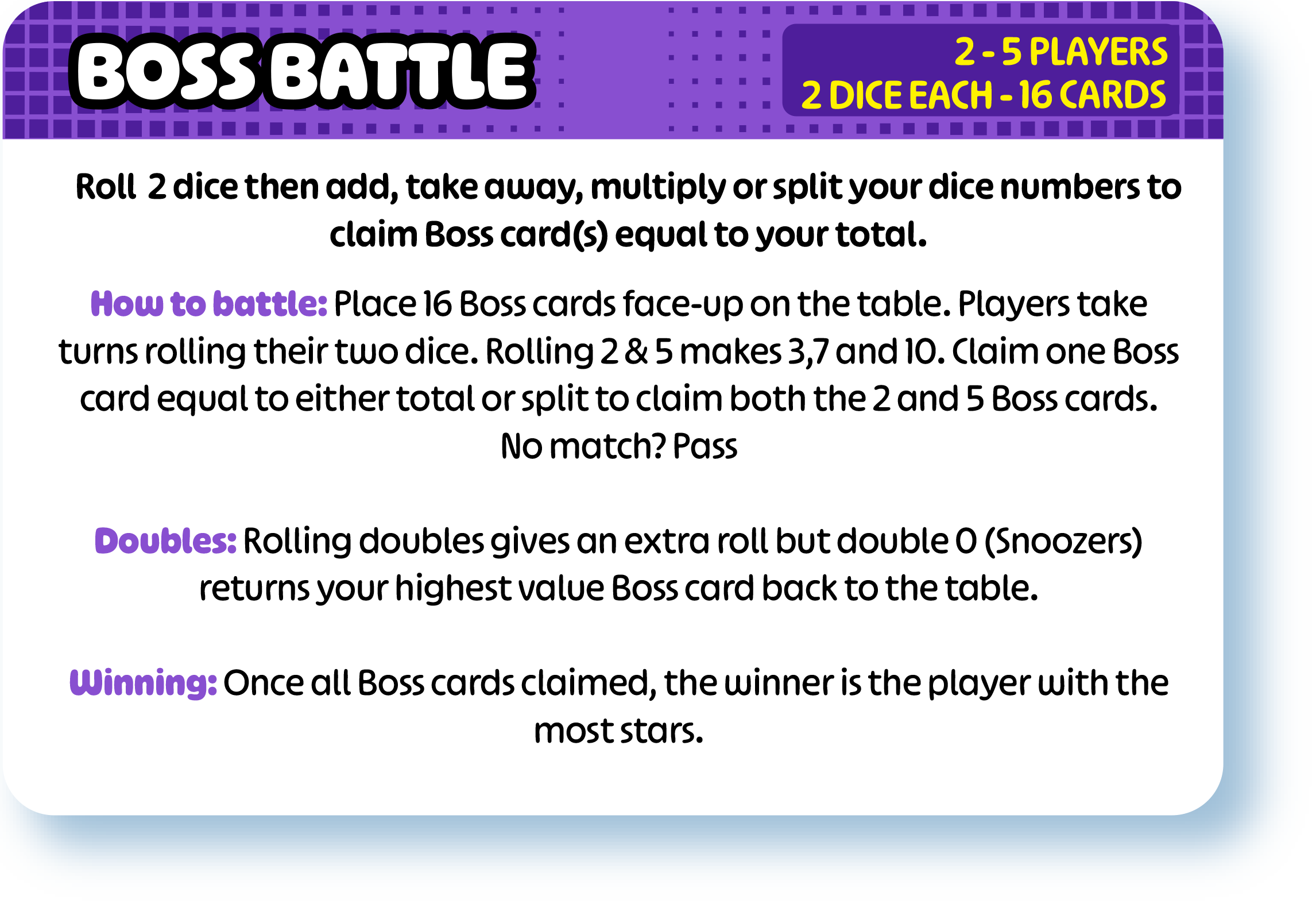 Rules and instructions for playing a game called Boss Battle, involving rolling two dice to claim boss cards, with additional rules for doubles, and stating the winning condition of claiming the most boss cards.