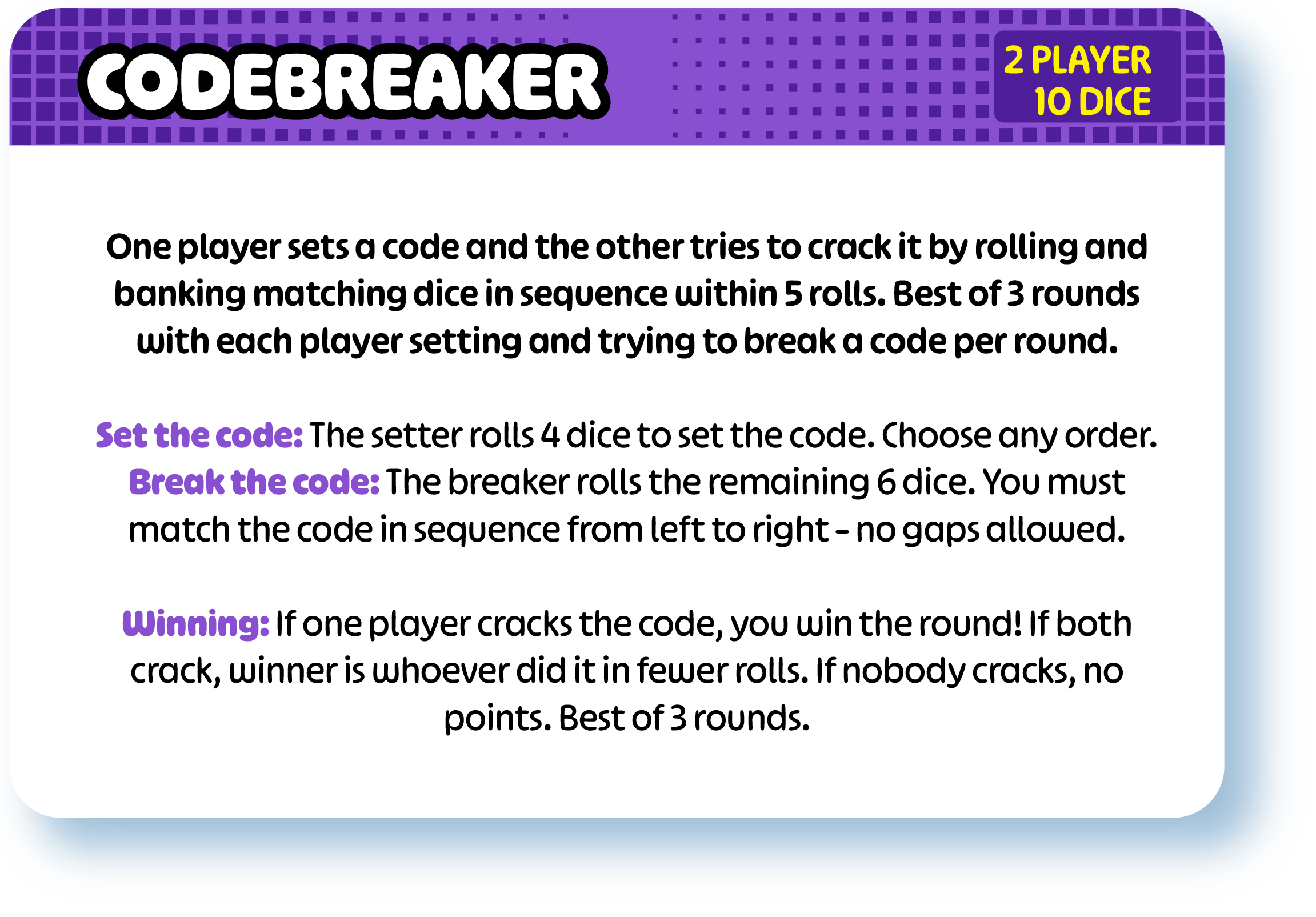 Instructions for a codebreaker game on a purple background, detailing rules for setting and breaking a code using dice, with additional gameplay instructions.