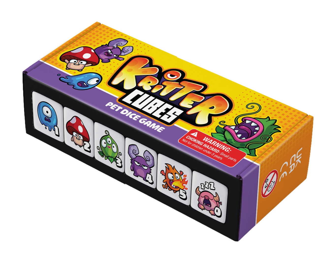 Kritter Cubes Packaging image - a pet dice game featuring colorful cartoon monsters and characters.