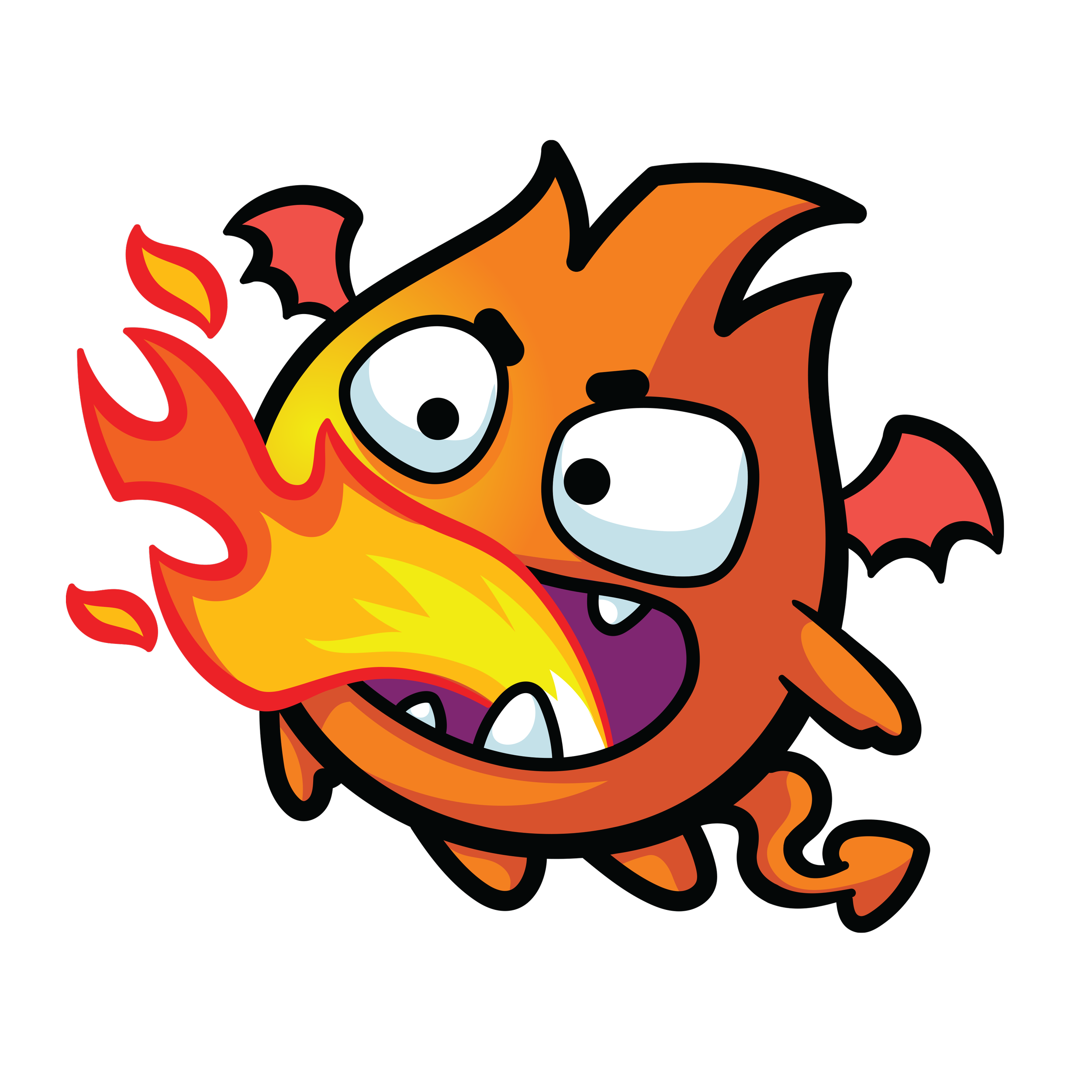 Cartoon illustration of a fiery, animated character with surprised eyes, flames around its head, and a mischievous expression.