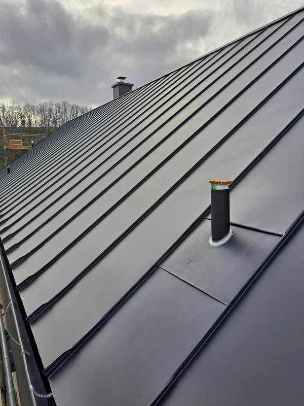Close-up of a black metal roof with a vent pipe protruding from the shingles, overlooking cloudy skies and trees in the background.