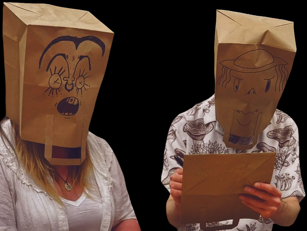 Two people wearing paper bags with cartoon faces drawn on them over their heads, one with a surprised expression and the other with an angry face, both holding envelopes.