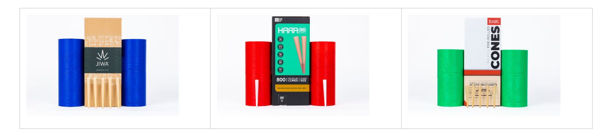 Three cone-brand packages displayed with blue, red, and green Hummingbird pods.