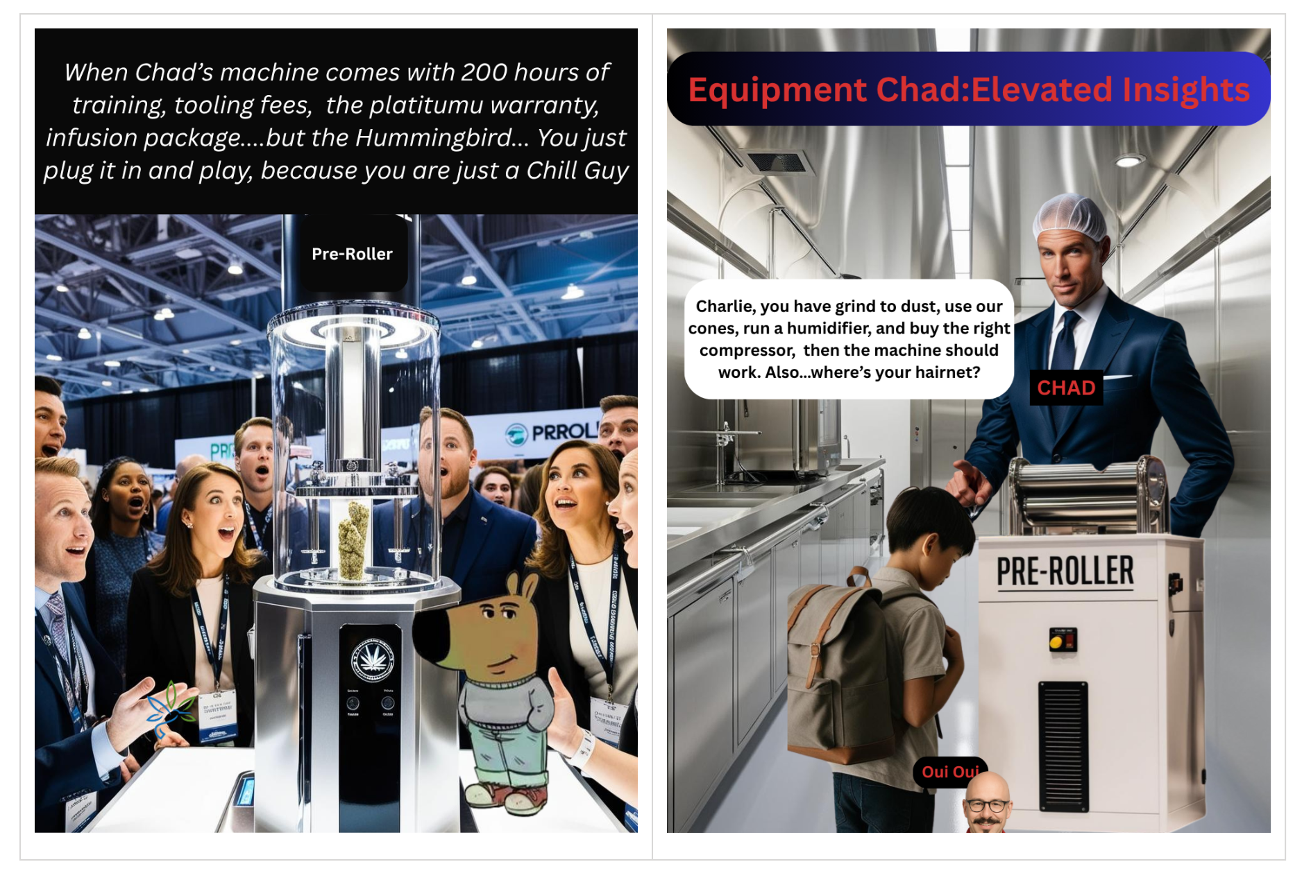 Two Equipment Chad memes satirize a flashy machine demo and demanding operator training.