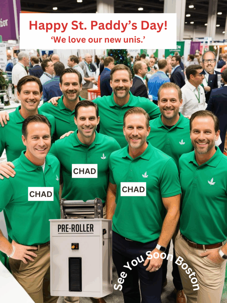 A St. Patrick’s Day trade-show meme shows matching green shirts and a machine labeled Pre-Roller.