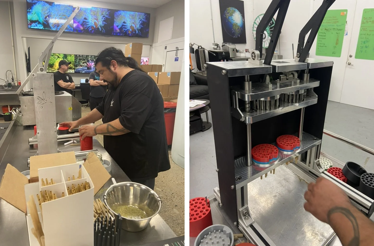 Operator using Hummingbird pre-roll manufacturing equipment alongside a close-up of the Hummingbird production workflow and pods.