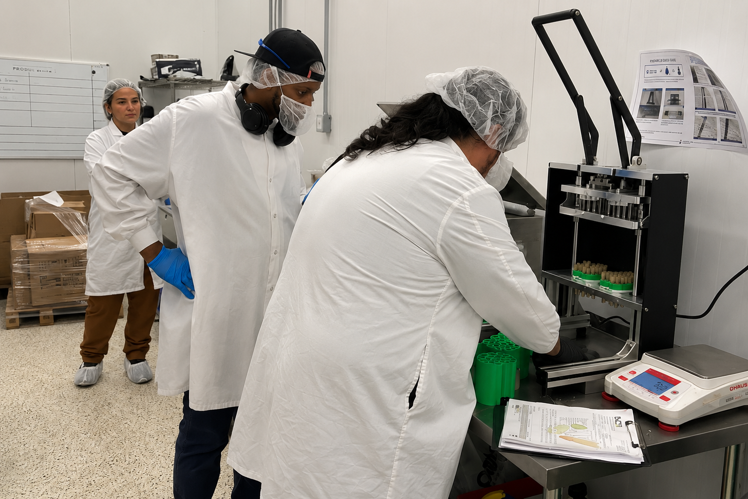 Preroll manufacturing operators using the Hummingbird PR-1 preroll machine at a cannabis production facility in Michigan