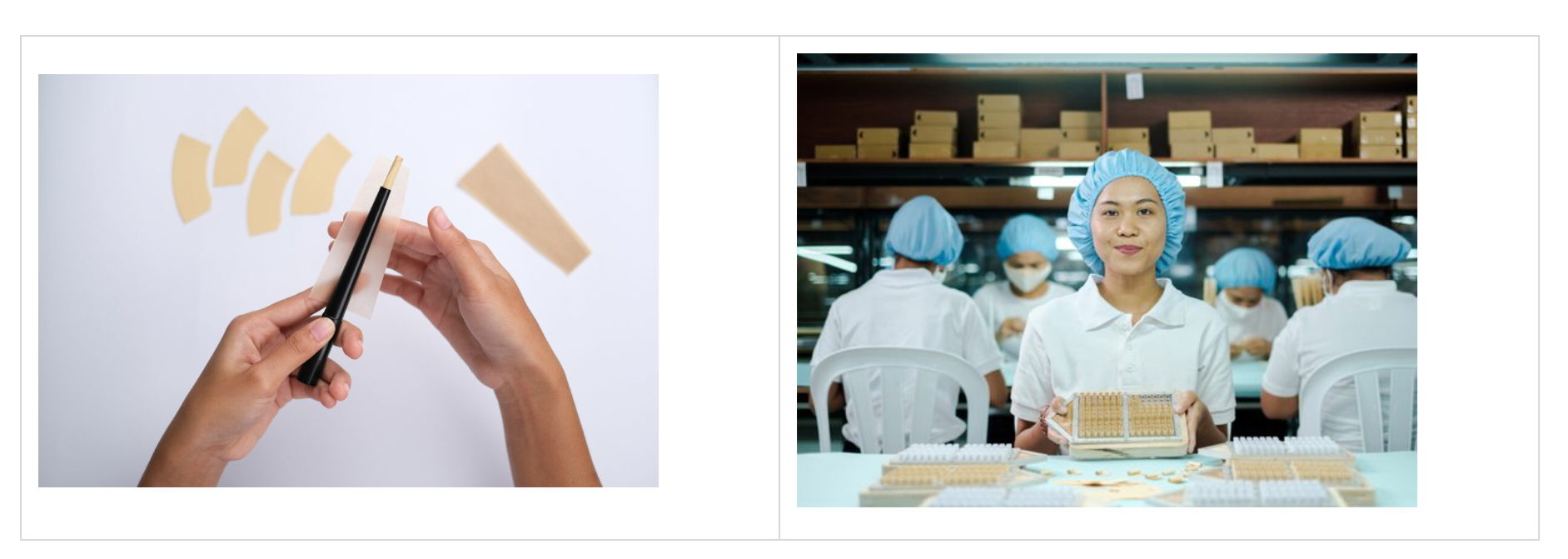 A composite shows a cone being formed by hand and workers assembling cones at a factory.