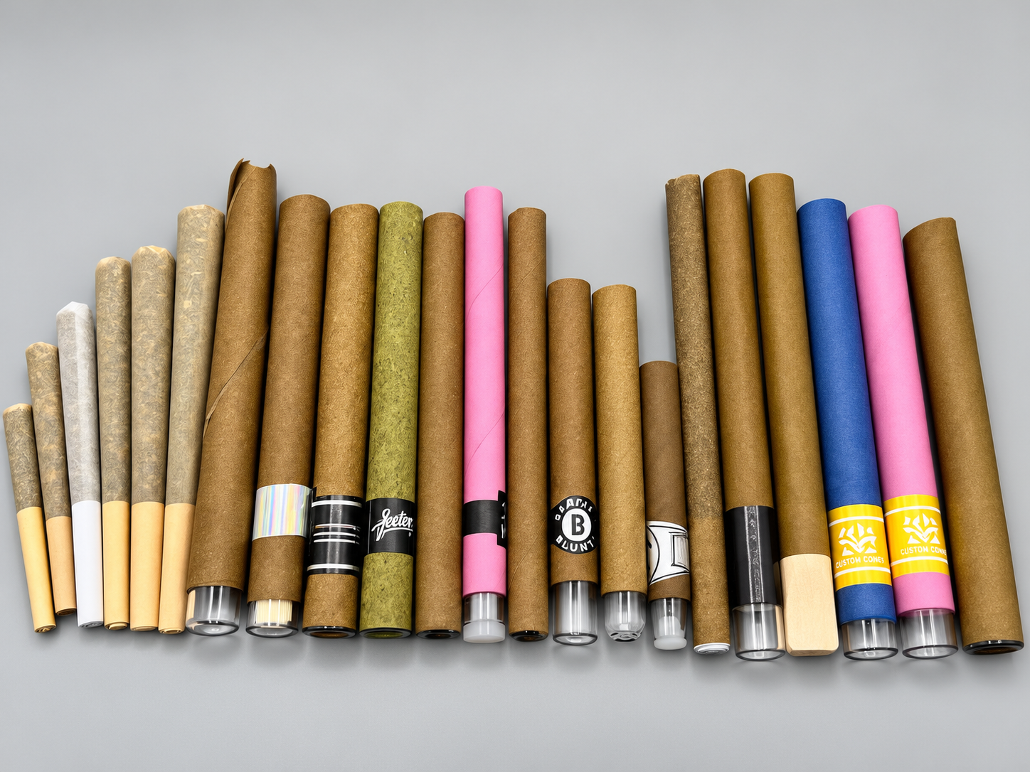 Preroll cones and blunt tubes from Custom Cones USA, Preroll Distro, Jiwa and Hara Supply in multiple sizes and formats