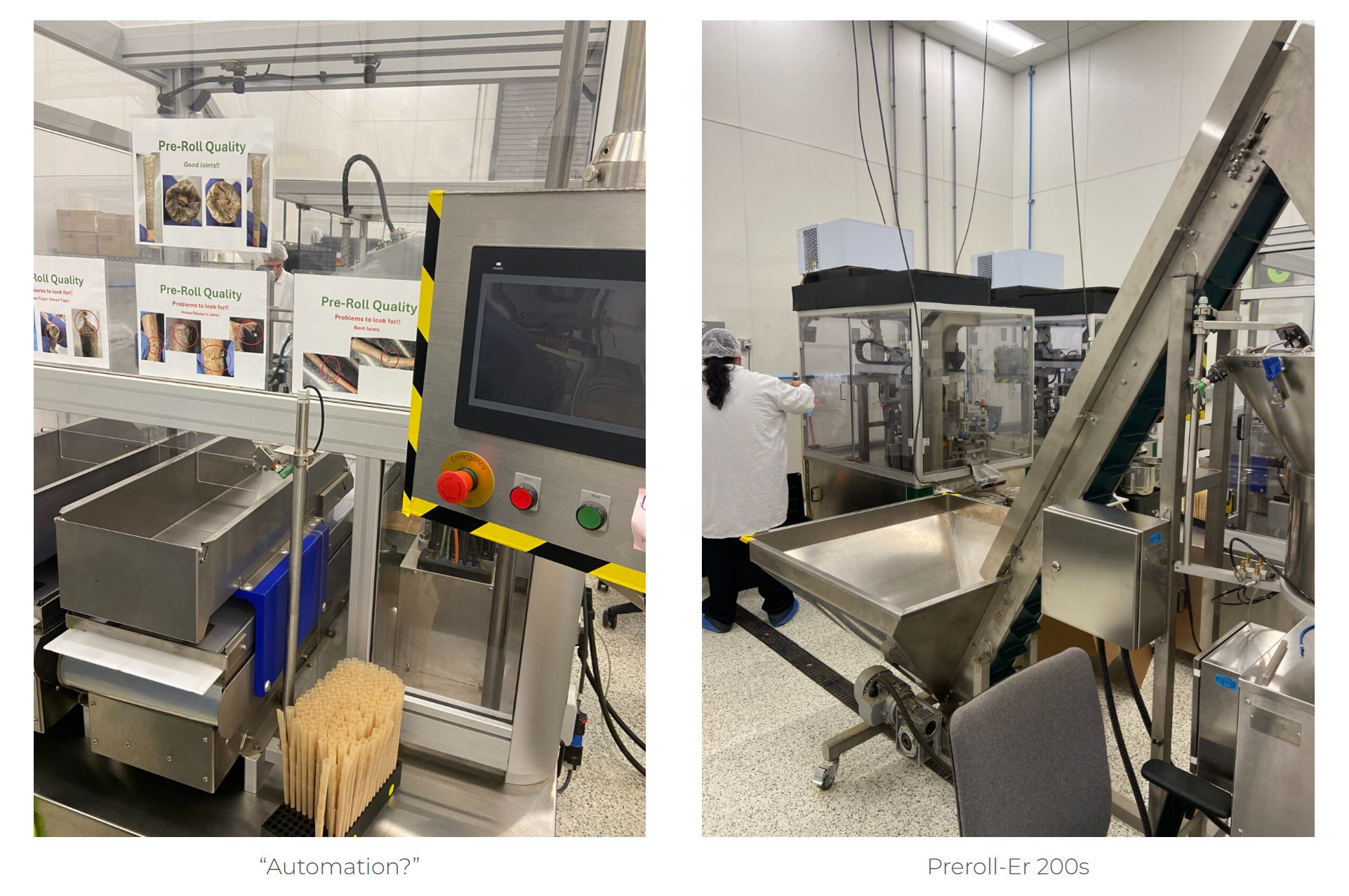 A composite shows preroll equipment controls, cone trays, and a conveyor in a production room.