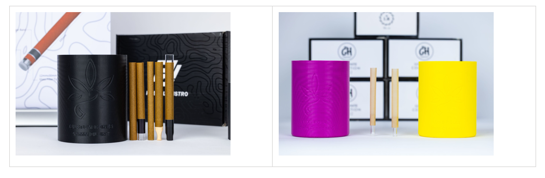 Two product displays pair blunt or cone packaging with black, purple, and yellow Hummingbird pods.