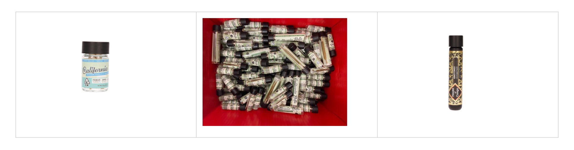 An archival product collage shows a small container, a pile of packaged products, and a preroll tube.