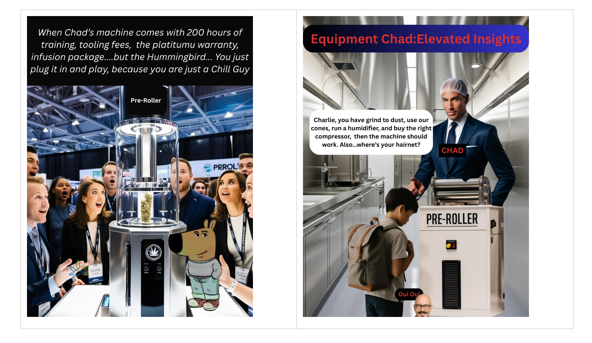Two Equipment Chad memes contrast a flashy machine demonstration with operator demands.