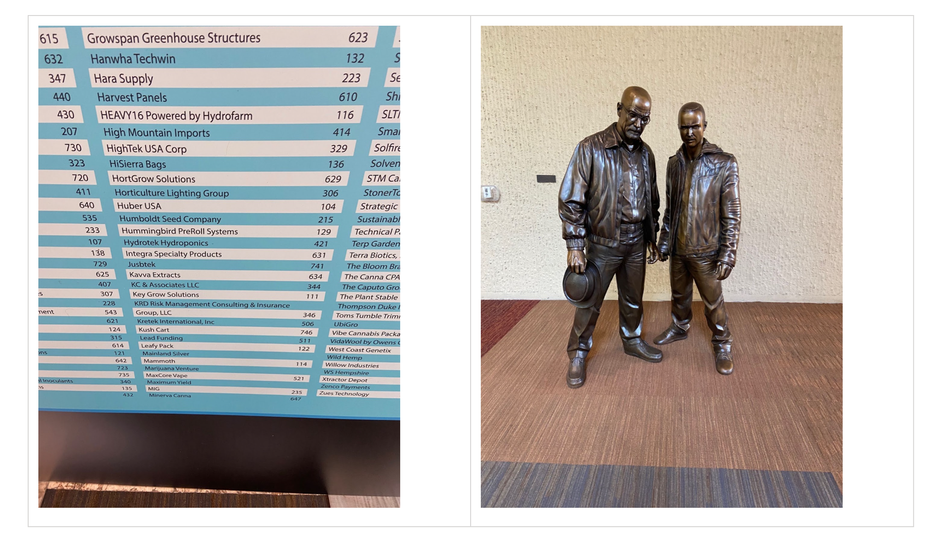 A trade-show exhibitor directory beside a photograph of two bronze figures on a bench.