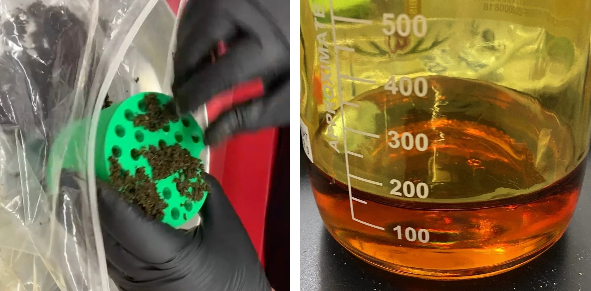 Heavily infused preroll material beside a beaker of cannabis concentrate oil