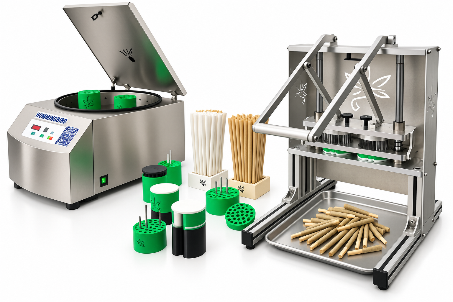Hummingbird preroll manufacturing workflow with PR-1, Finisher, pod tooling, cones and finished prerolls