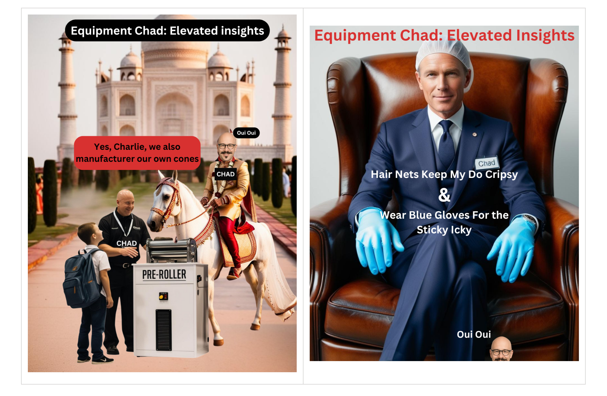 Equipment Chad memes parody cone-supplier claims and a suited executive wearing gloves.