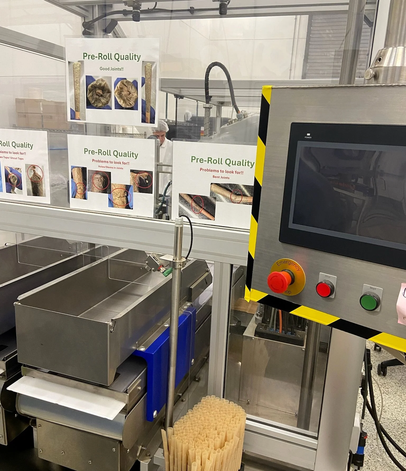 PreRoll-Er 200 preroll machine in a commercial production environment with visible preroll quality-control standards