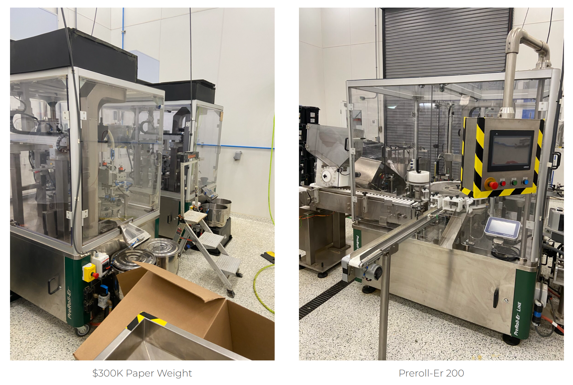 Two enclosed preroll machines photographed in a production room.