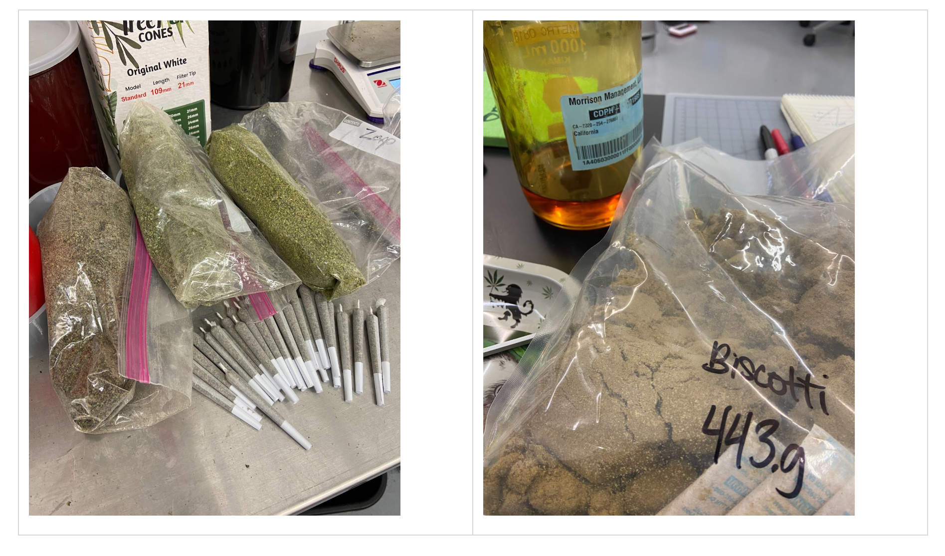 A worktable collage shows bagged cannabis material, paper cones, and a labeled bottle of concentrate.