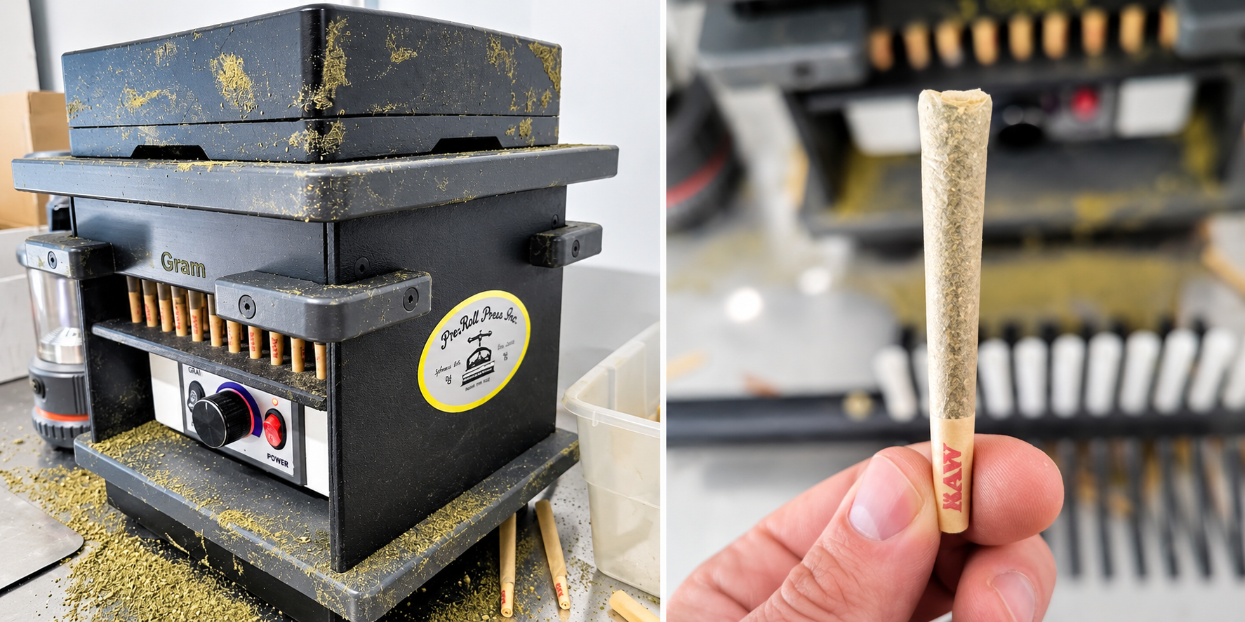 Preroll Press cone filling machine beside a finished preroll produced with the system.
