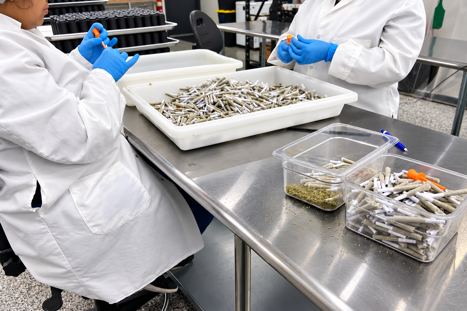 Two operators inspecting and finishing large batches of prerolls after machine filling.