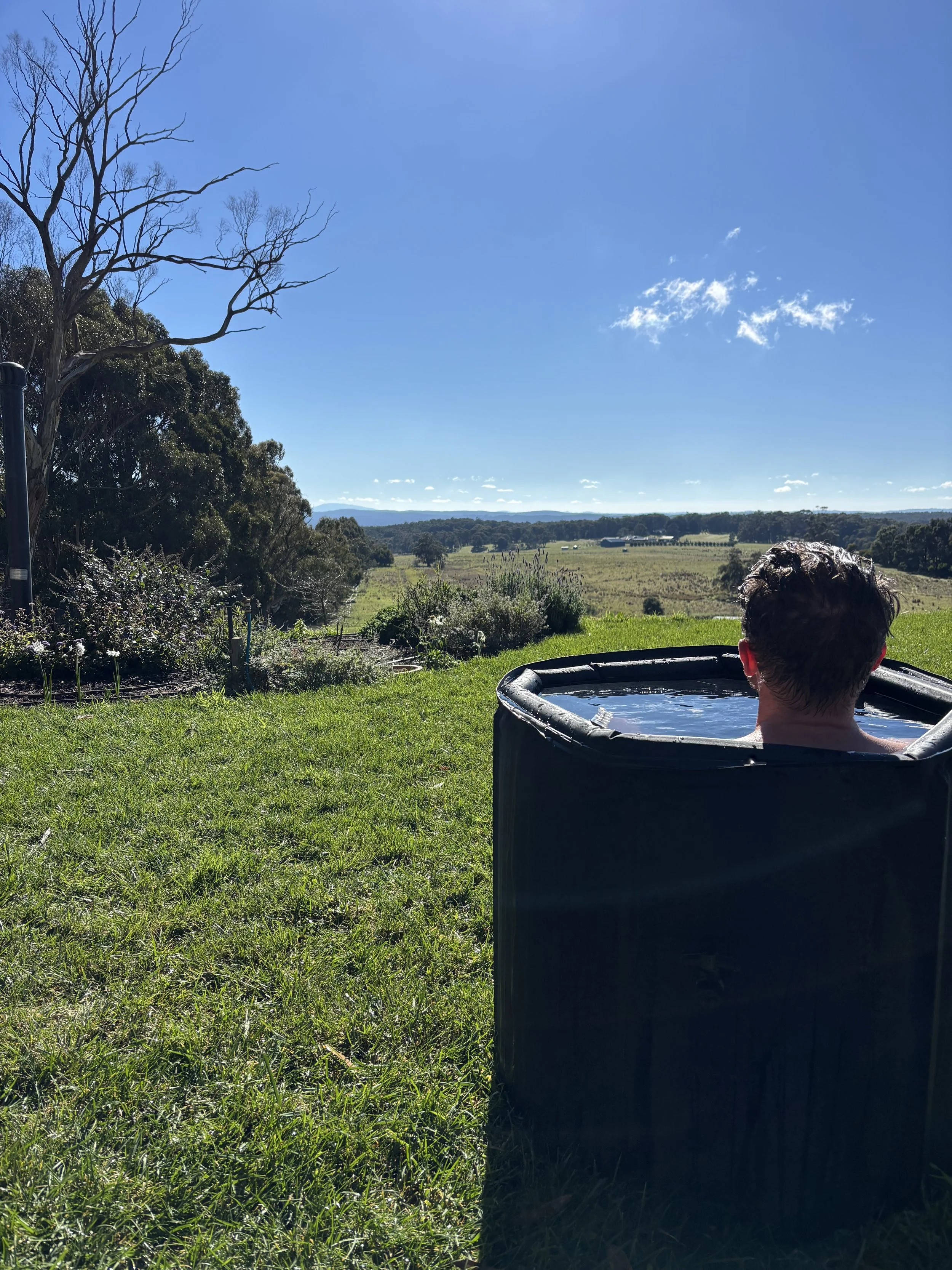 A person relaxing in a black cold plunge tub outdoors on a sunny day, with a view of green fields, trees, and mountains in the distance under a mostly clear blue sky.