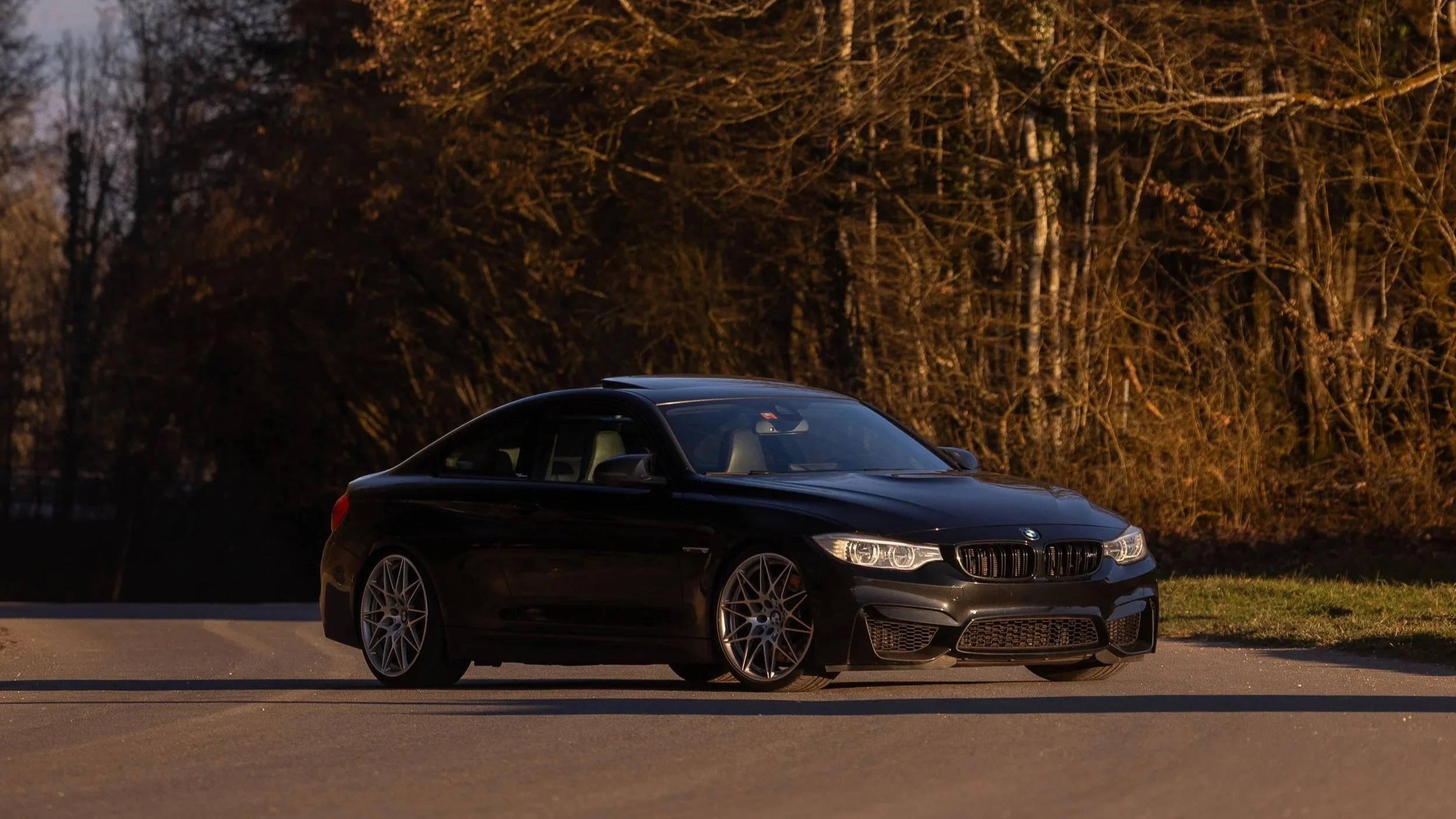 A black BMW sports car parked on a paved surface with a background of leafless trees during sunset.