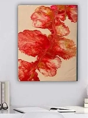 Abstract painting of a red and orange leaf on a beige background