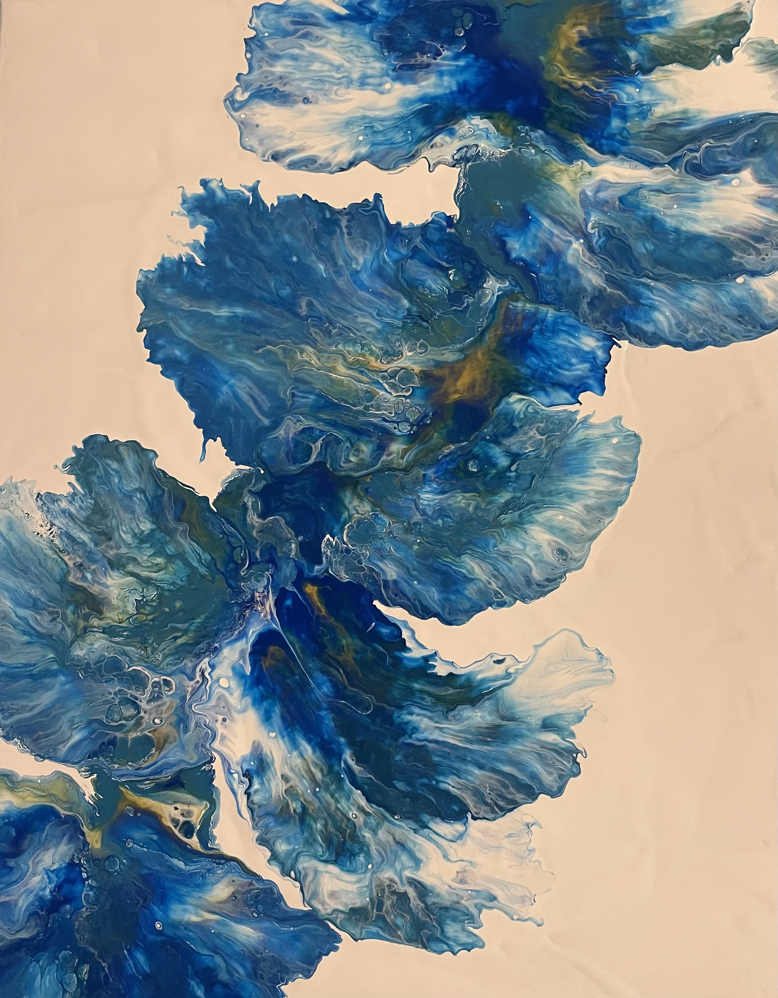 Abstract painting with swirling patterns of blue, white, and hints of green and yellow on a beige background.