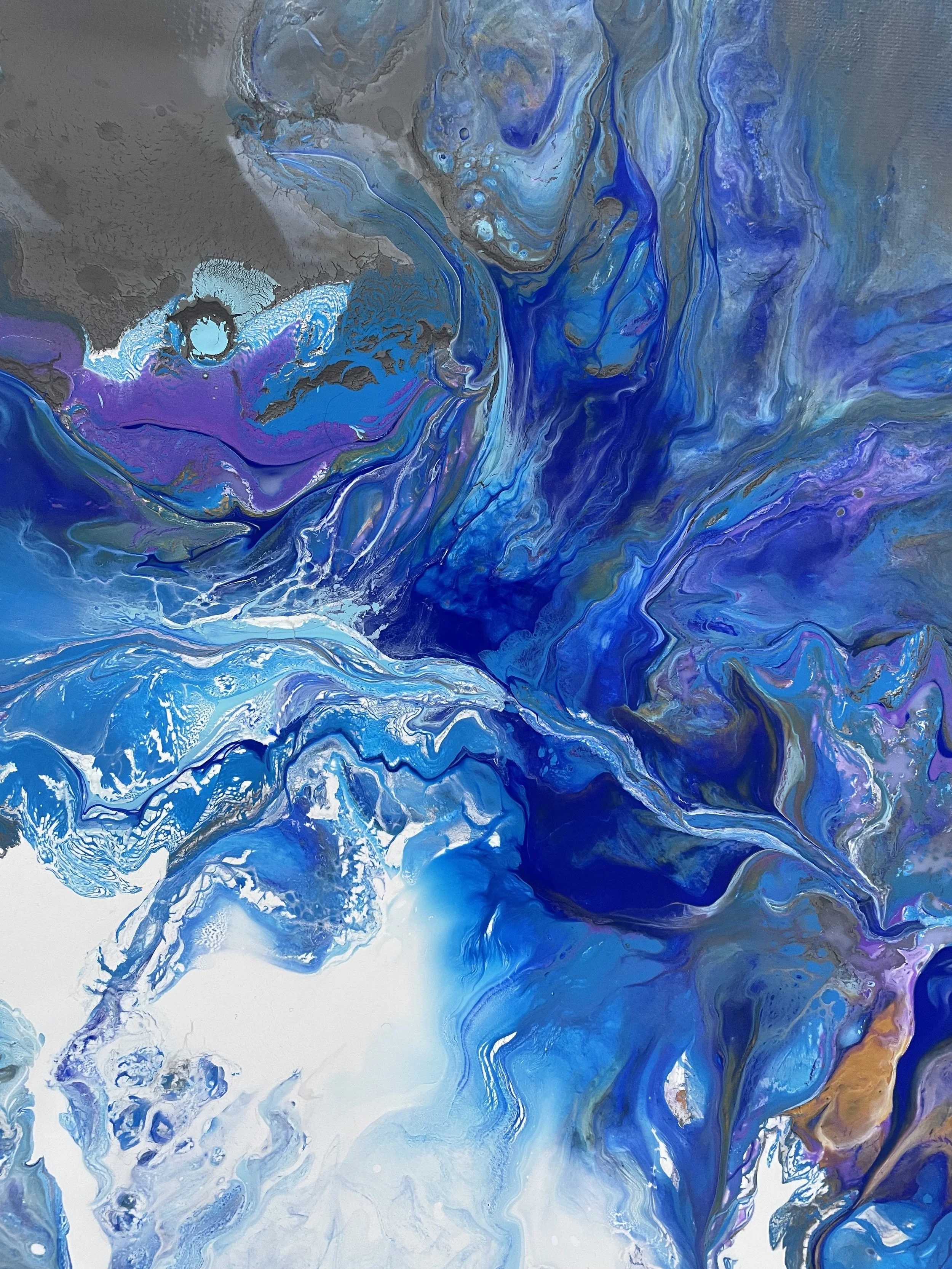 Abstract fluid art painting with swirling shades of blue, purple, white, gray, and gold creating a dynamic and vibrant composition.