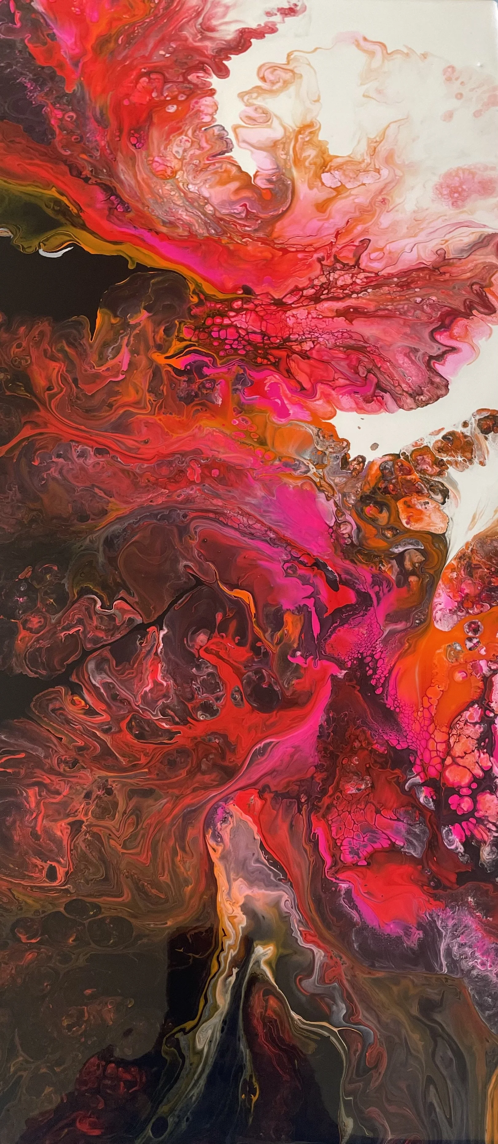 Abstract painting with swirling patterns of red, pink, orange, black, and white colors.