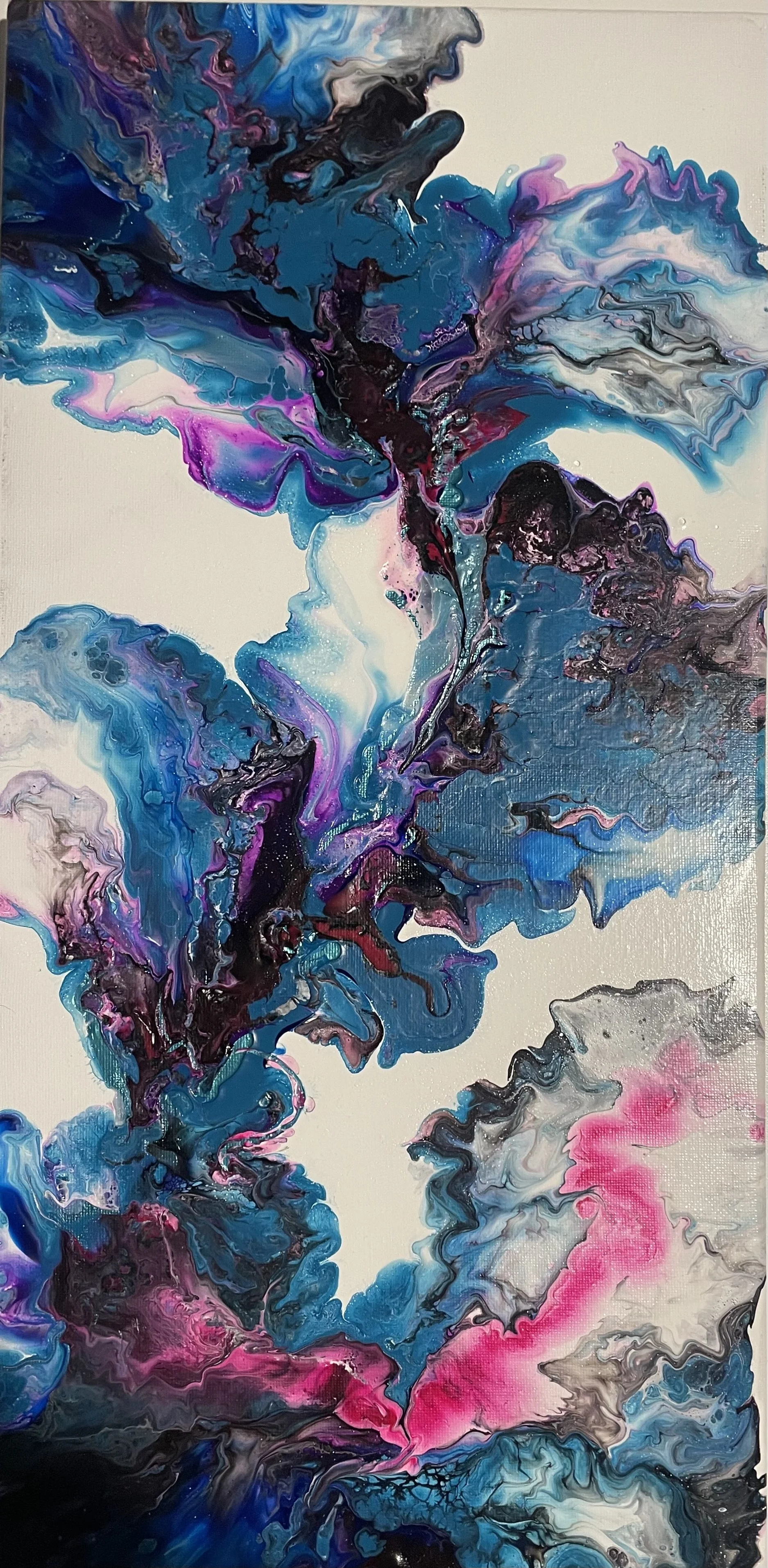 Abstract painting with flowing swirls of blue, pink, purple, black, gray, and white colors.