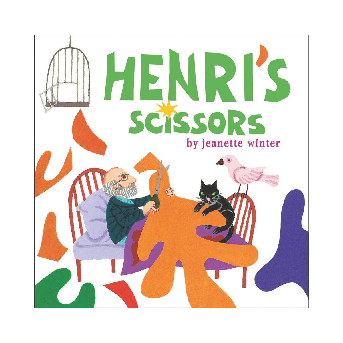 Book cover titled "Henri's Scissors" by Jeanette Winter, featuring an illustration of man with glasses and a beard sitting in a chair with a purple cushion, holding large scissors, a black cat sitting on a table, and a pink bird standing nearby, with colorful abstract shapes around.