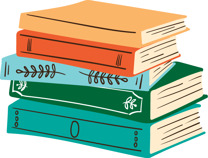 A stack of five colorful hardcover books, with the top book being beige, the second orange, the third light blue, the fourth dark green, and the bottom one teal. The books have decorative line and leaf motifs on the covers.