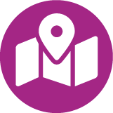 White map pin icon on a purple circular background representing a location or map.